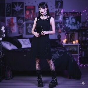 Y2K S.L. Fashions Midi Dress 16 Black A-Line Beaded Witchy Goth Party Halloween